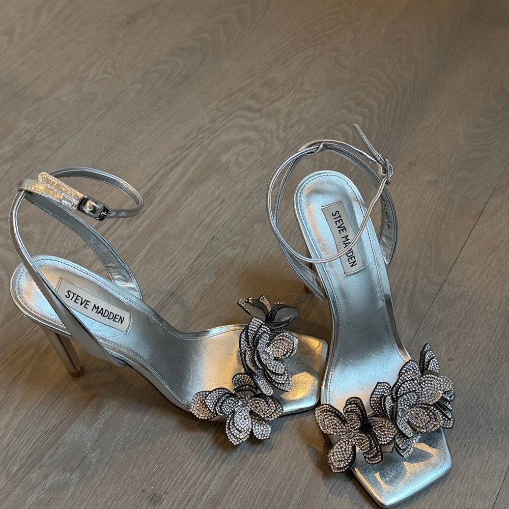 Steve Madden Silver Floral Crystal Ankle-Strap Heels